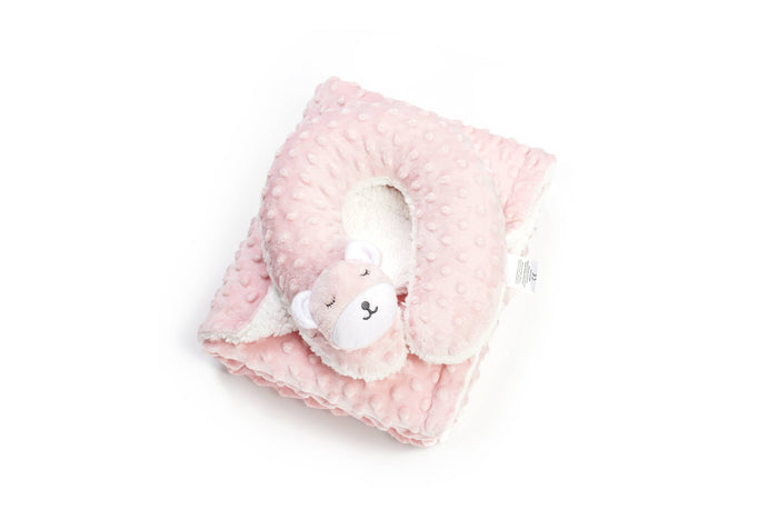 Pink Sleepy Bear Baby Blanket & Neck Pillow Set (front view) — Little Mamas Nursery