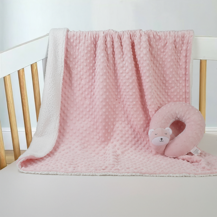 Pink Sleepy Bear Baby Blanket & Neck Pillow Set (close-up) — Little Mamas Nursery