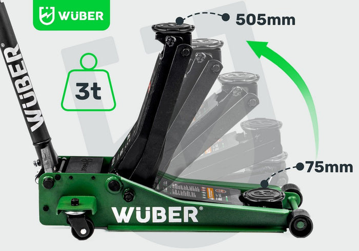 Zielono-czarny podnośnik hydrauliczny WUBER 3 t z logo na podstawie, 505 mm oraz 75 mm