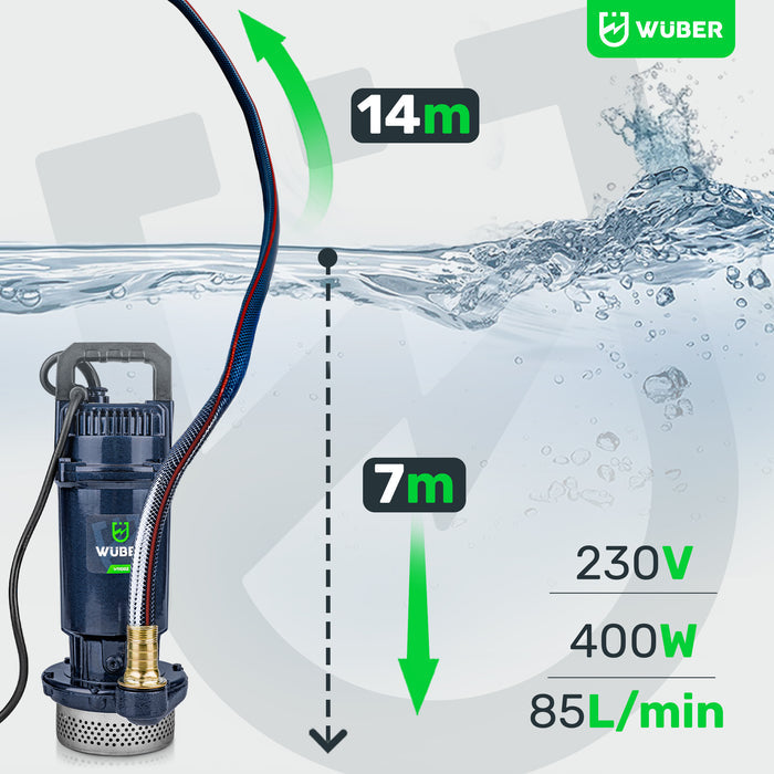Niebiesko-czarna Sklep narzędziowy WUBER pompa głębinowa 230 V i 400 W, wysokość 14 m