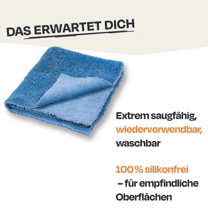 Werbebild für waschbares, silikonfreies Mikrofaserhandtuch.