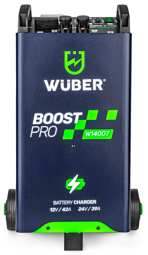Granatowy prostownik do akumulatorów Sklep narzędziowy WUBER zielony Boost Pro W14007