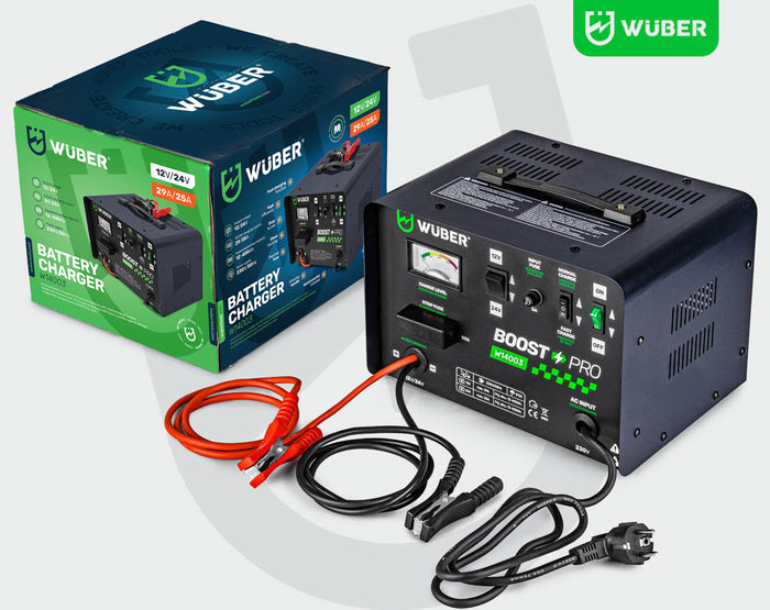 Czarny Sklep narzędziowy WUBER prostownik do akumulatorów BOOST PRO W140003 z przewodami