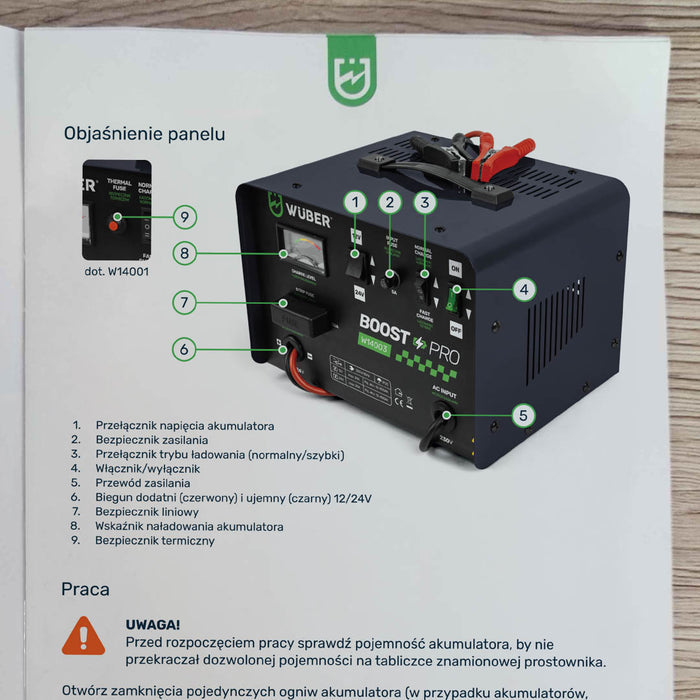 Czarny metalowy prostownik akumulatorowy Sklep narzędziowy WUBER z trybem FAST CHARGE
