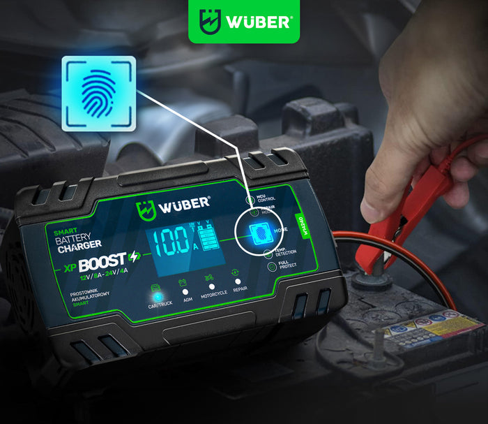 Czarny prostownik mikroprocesorowy Sklep narzędziowy WUBER z wyświetlaczem LCD