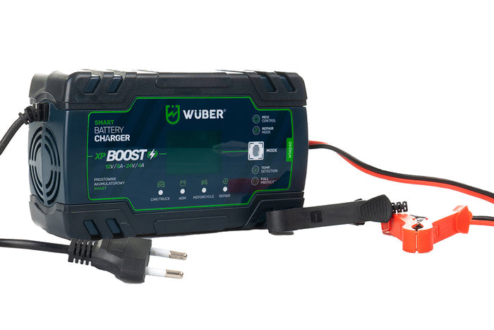 Czarny prostownik mikroprocesorowy Sklep narzędziowy WUBER z wyświetlaczem LCD