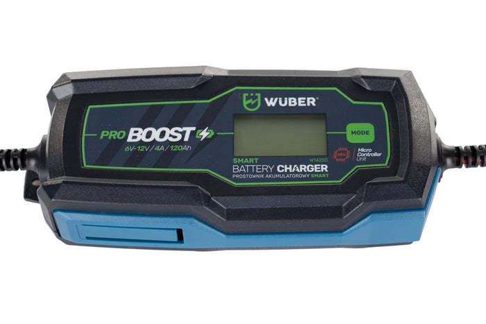 Nowoczesny WUBER prostownik akumulatorowy inteligentny czarno-niebieski PRO BOOST z ekranem