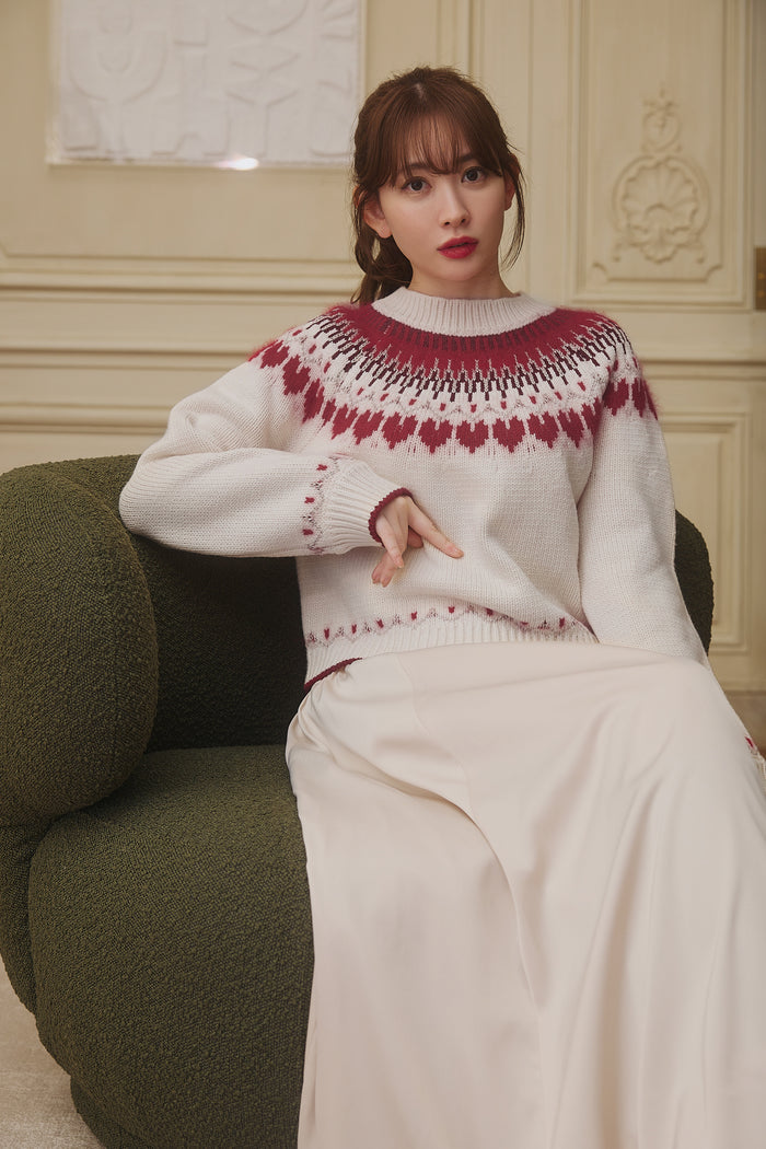 【red】Heart Fair Isle Knit Pullover