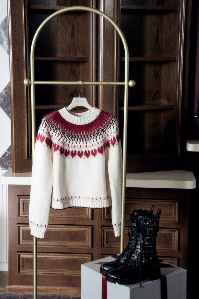 【red】Heart Fair Isle Knit Pullover