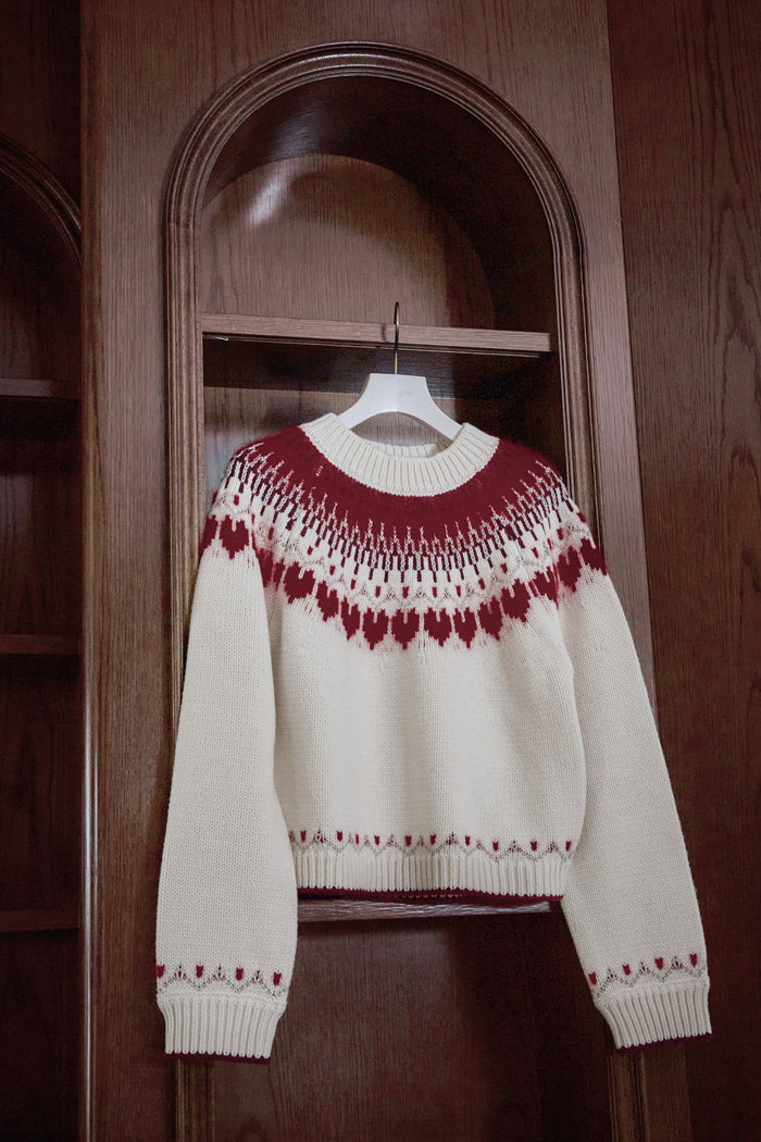 【red】Heart Fair Isle Knit Pullover