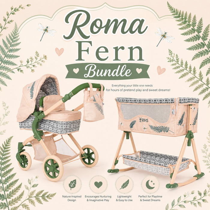 Roma Fern Bundle – Single Doll Pram & Bedside Crib Set — Little Mamas Nursery