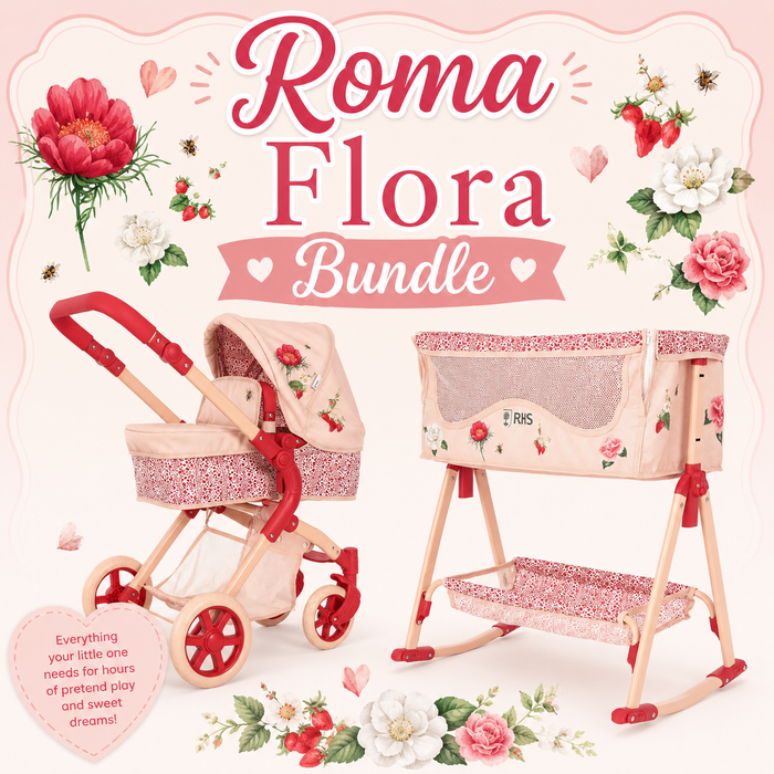 Roma Flora Bundle – Single Doll Pram & Bedside Crib Set — Little Mamas Nursery