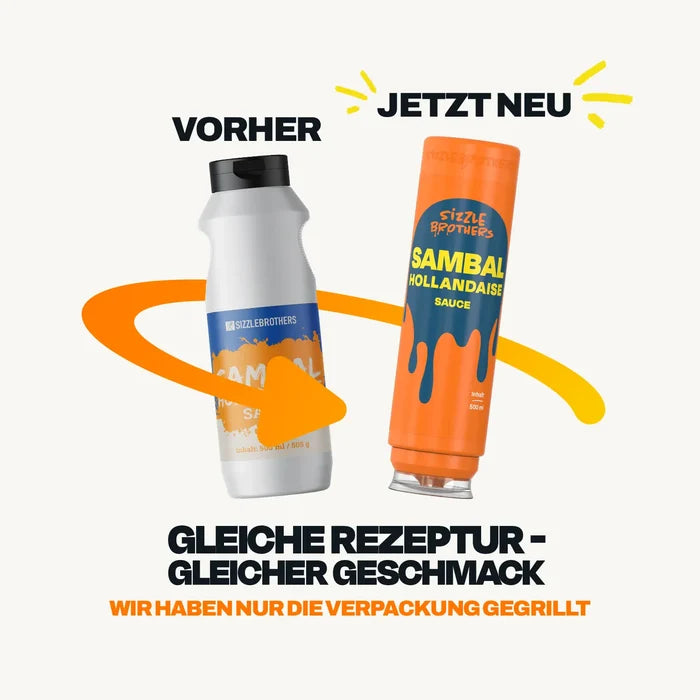 Sambal Hollandaise Sauce  500 ml SizzleBrothers Vergleich alte Flasche mit neuer Flasche