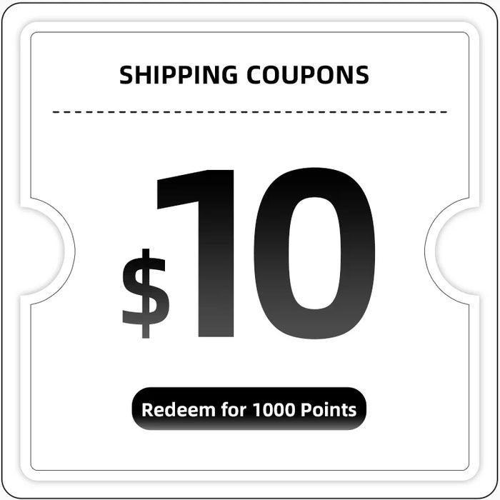 $10 shipping coupon, redeemable for 1000 points, black and white ticket design