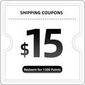 $15 shipping coupon redeemable for 1500 points, bold black and white ticket design