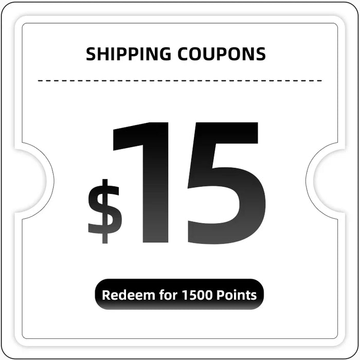 $15 shipping coupon redeemable for 1500 points, bold black and white ticket design