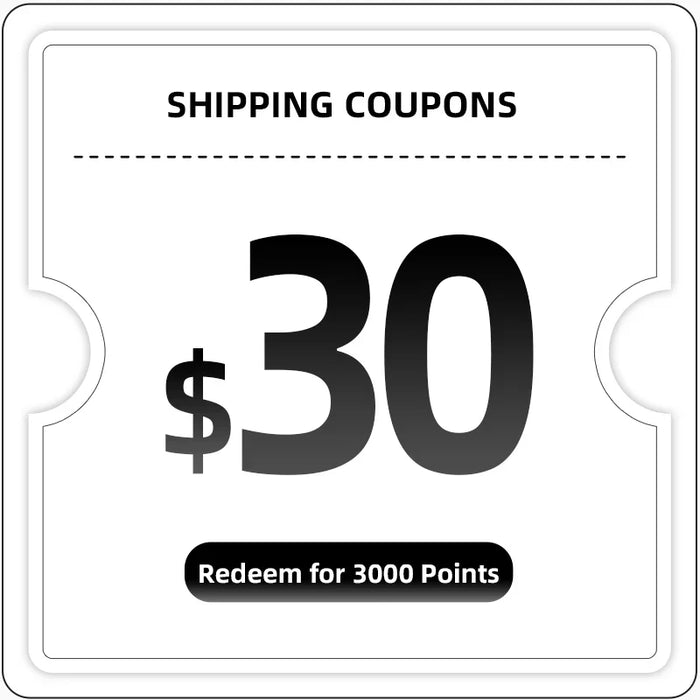 $30 shipping coupon graphic, redeemable for 3000 points, black and white design