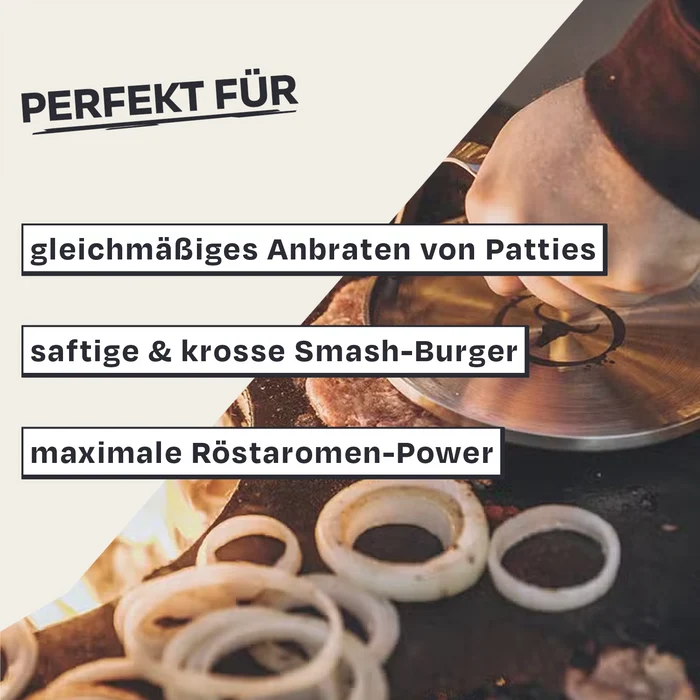 Hand presst Burger-Patties mit Presse. Text: Perfekt für gleichmäßiges Anbraten von Patties.