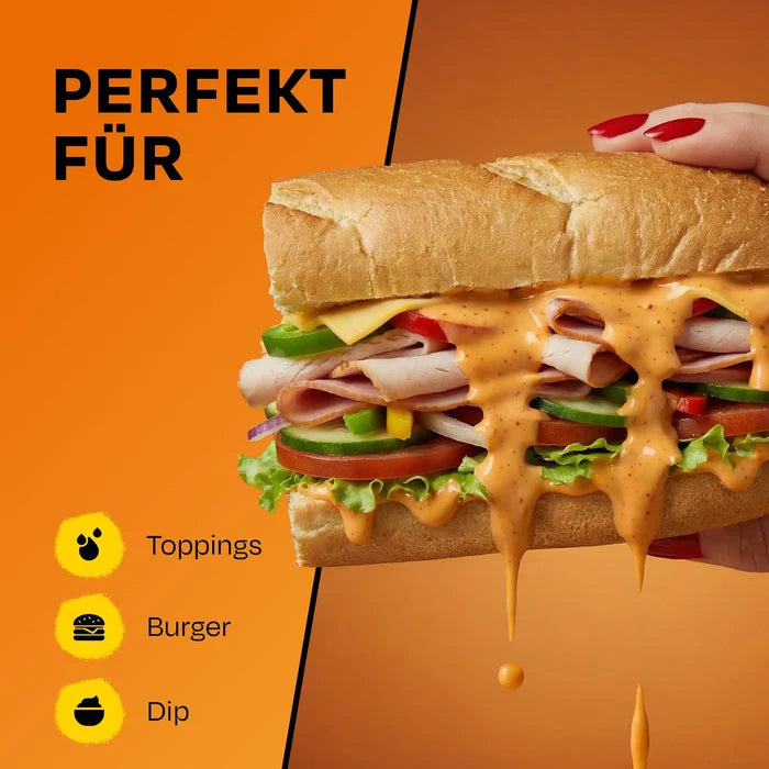 Sandwich mit Sauce. Text: PERFEKT FÜR Toppings, Burger, Dip.