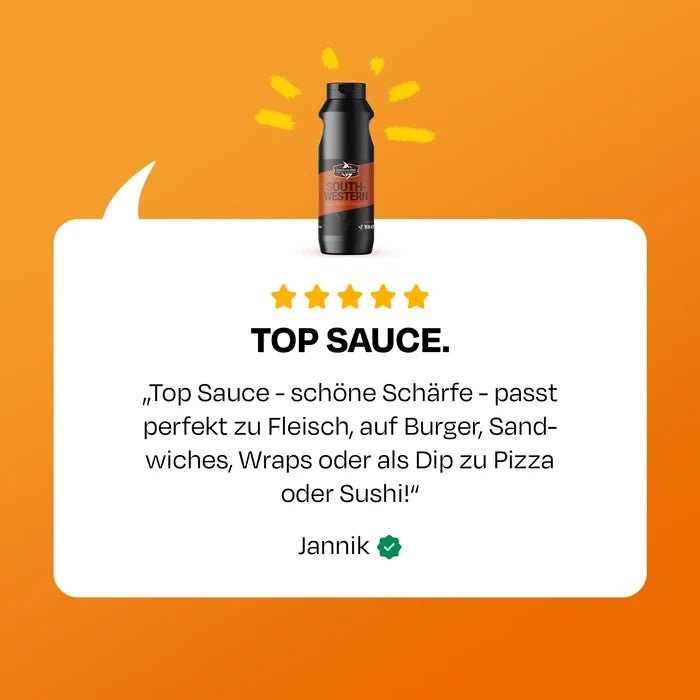 Ausschnitt Kundenbewertung: Top Sauce, passt zu verschiedenen Gerichten, 5 Sterne von Jannik.