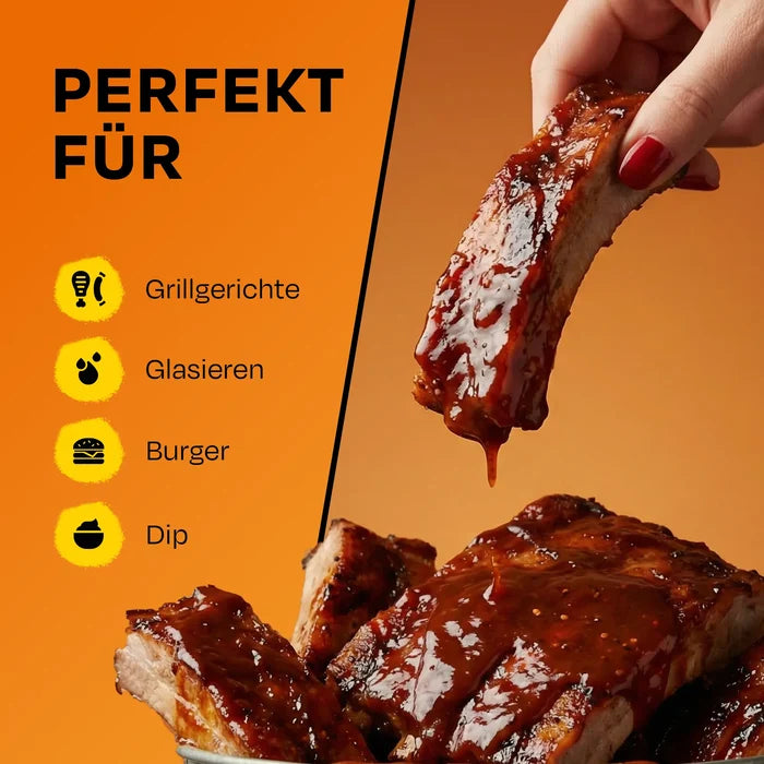 Hand hält glasiertes Rippchen vor orangem Hintergrund; Text: Perfekt für.