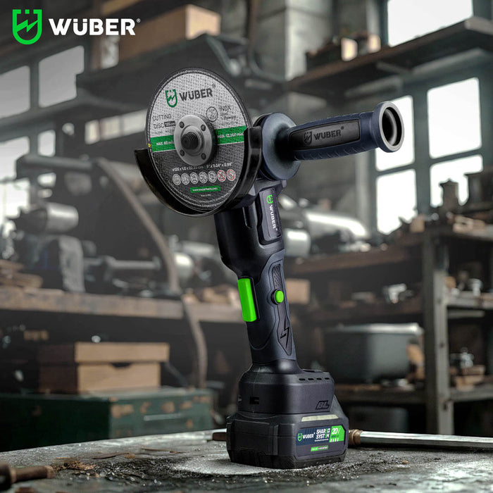 Akumulatorowa szlifierka kątowa WUBER 20 V z tarczą o średnicy 125 mm i ergonomiczną rączką