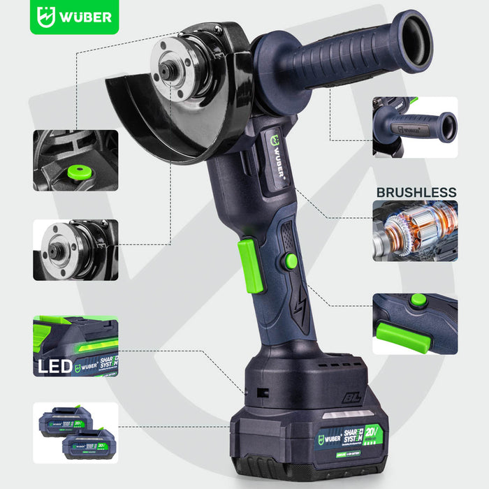 Akumulatorowa szlifierka kątowa WUBER 20 V z tarczą o średnicy 125 mm i funkcją LED