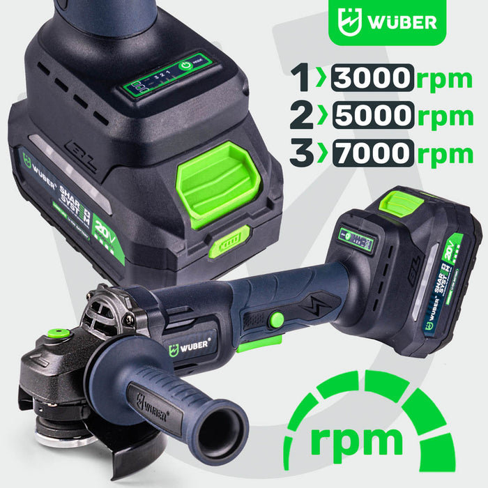 Akumulatorowa szlifierka kątowa WUBER 20 V z średnicą 125 mm i trzema prędkościami obrotowymi
