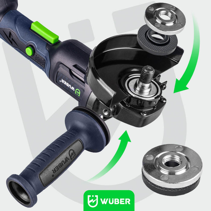 Szlifierka kątowa akumulatorowa WUBER 20 V z średnicą tarczy 125 mm i ergonomiczną rączką