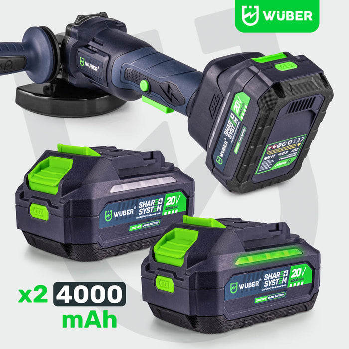 Szlifierka kątowa akumulatorowa WUBER 20 V z dwoma akumulatorami 4000 mAh i średnicą 125 mm