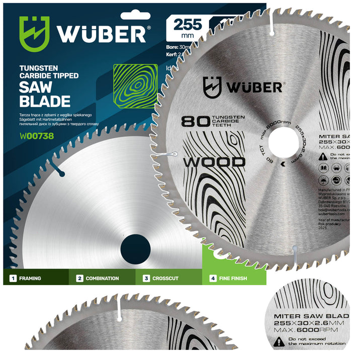 Tarcza widiowa do drewna 255x30 mm 80T WUBER