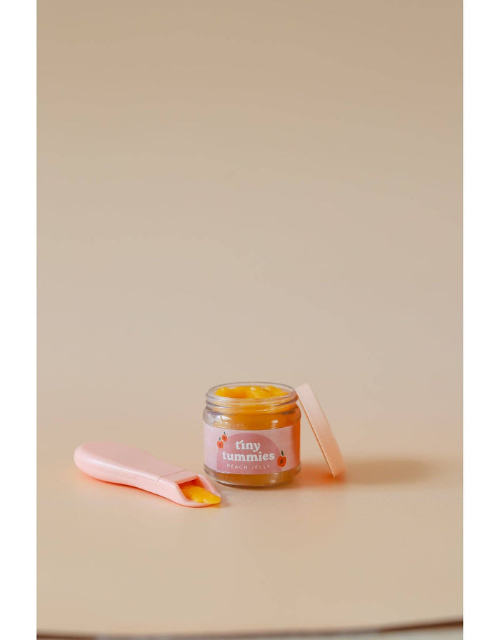Tiny Tummies Peach Jelly Jar & Magic Spoon (close-up) — Little Mamas Nursery
