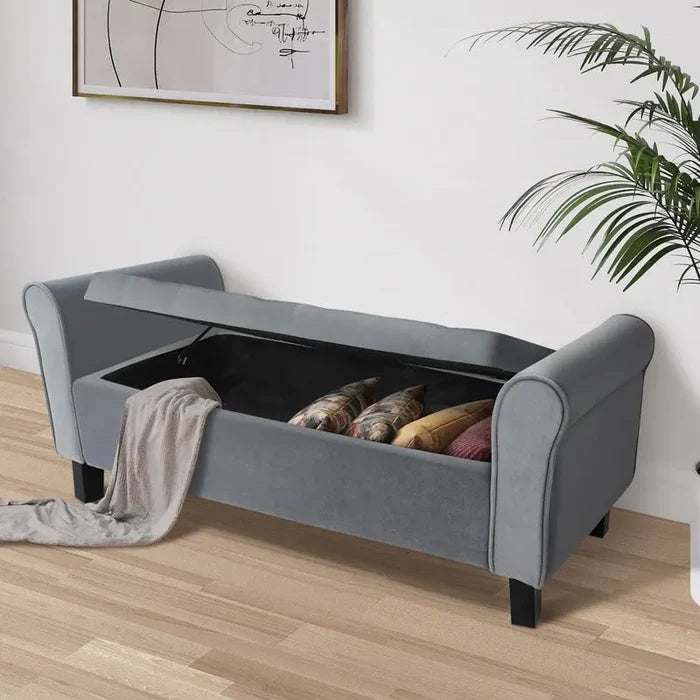Velvet Ottoman Storage Bench with Arms and Hidden Compartment
