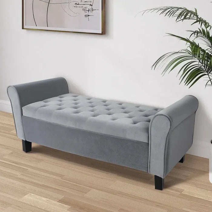 Velvet Ottoman Storage Bench with Arms and Hidden Compartment