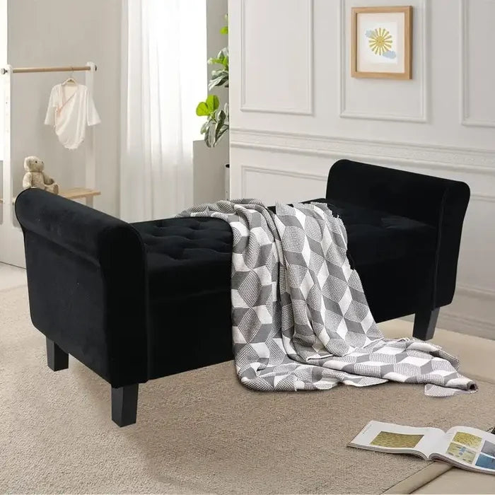 Velvet Ottoman Storage Bench with Arms and Hidden Compartment