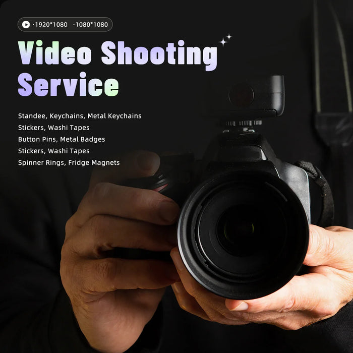 Hands holding a DSLR camera, advertising video shooting service for custom merchandise.