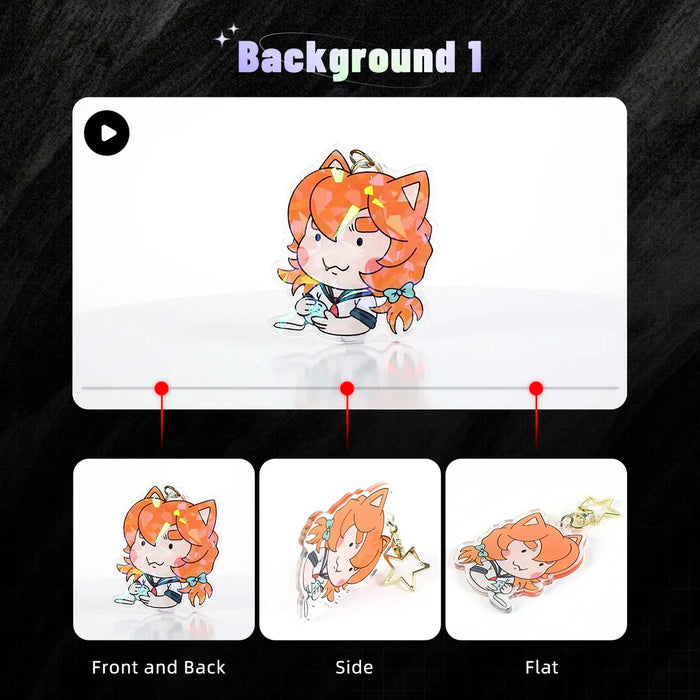 Custom acrylic keychain featuring a cute orange-haired anime character with cat ears, star clasp, and different viewing angles