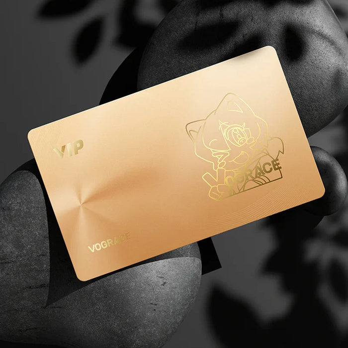 Gold VIP membership card with engraved anime character design, luxury texture, black stone background