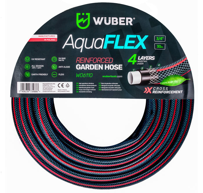Wąż ogrodowy Sklep narzędziowy WUBER Aquaflex, czarno-niebieski, wzmocniony 3/4 cala, 30 m