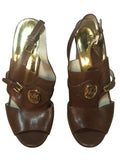 Michael Kors gold wedge espadrille sandals size 11, featuring snakeskin strap and metallic platform
