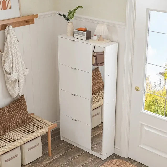 White Shoe Cabinet with Mirror Slim Entryway Storage Organizer