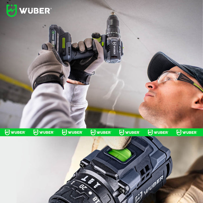 Wiertarko-wkrętarka akumulatorowa WUBER 20 V z udarem w kolorze czarnym z zielonymi detalami