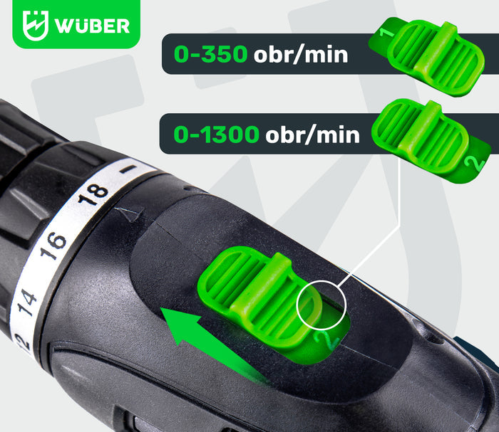 Zielona i czarna Sklep narzędziowy WUBER wiertarko-wkrętarka, regulacja sprzęgła 18 pozycji