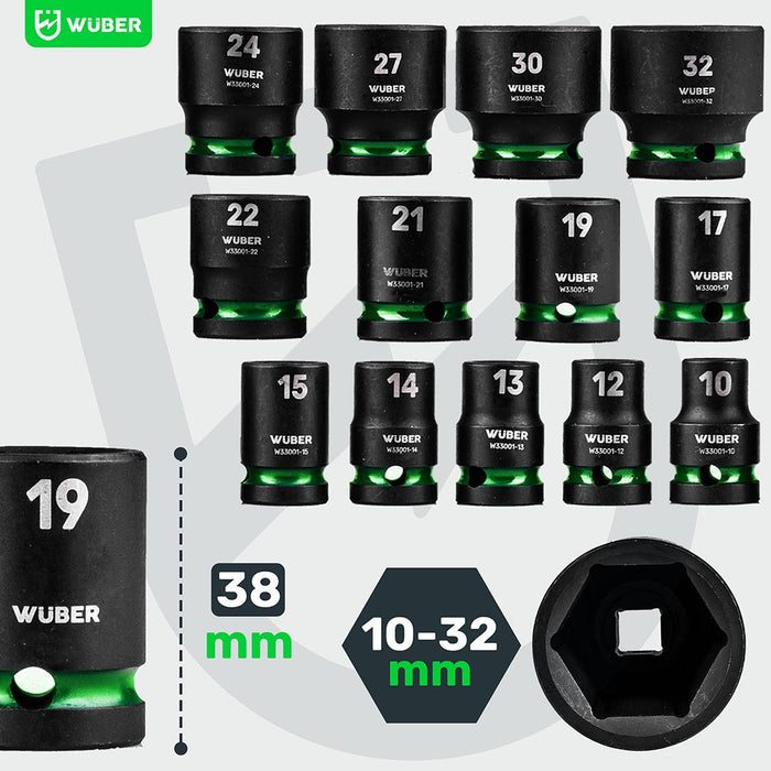 Zestaw nasadek udarowych 13 sztuk 1/2" 6-kątne WUBER