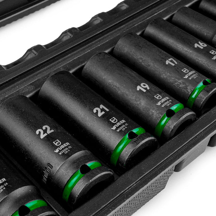 Zbliżenie na nasadki udarowe W33005 - 22 mm, 21 mm, 19 mm, 17 mm, 16 mm