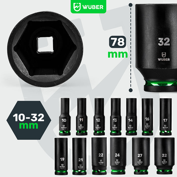 Nasadki udarowe o wysokości 78 mm od 10 do 32 mm WUBER W33005