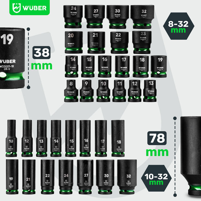 Specyfikacja nasadek udarowych - krótkie 8-32 mm, długie 10-32 mm W33001