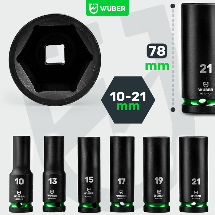 Zestaw nasadek udarowych długich 6 sztuk 1/2" 6-k¹tne WUBER